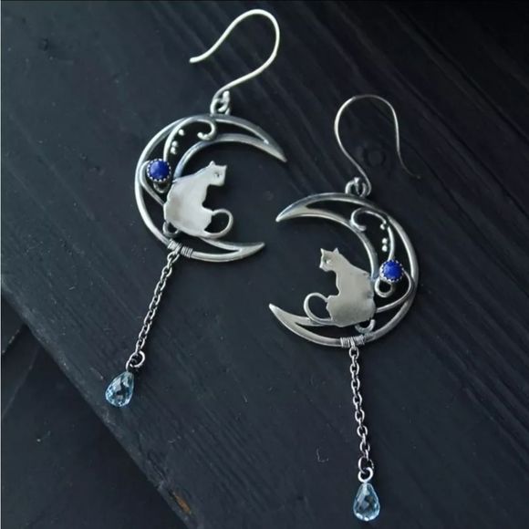 Jewelry - Silver titanium kitty cat moon blue stone dangle boho earrings new